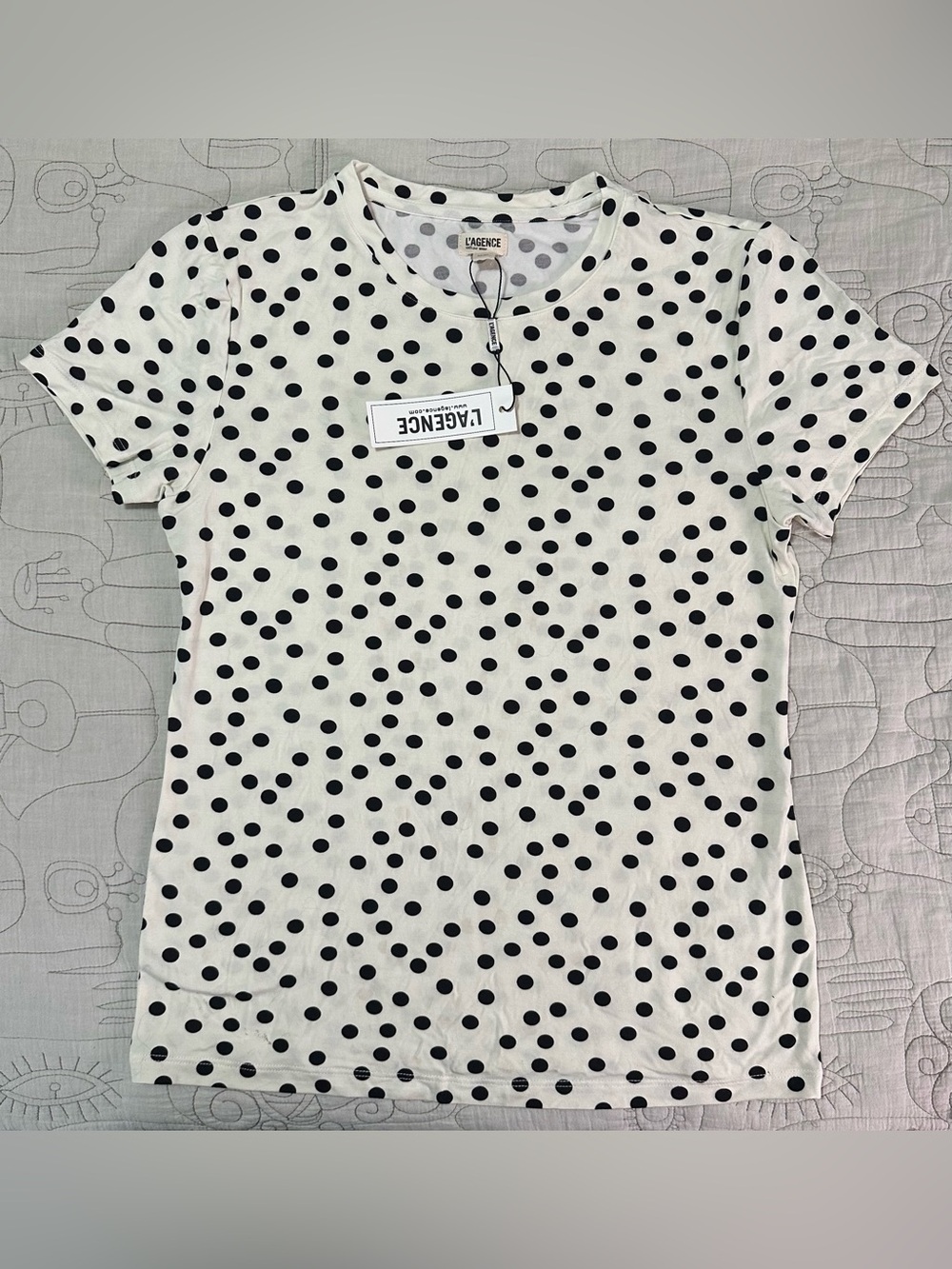 NWT L’AGENCE Ressi Ecru Black Polka Dot Fitted Tee Medium Crew Neck $115